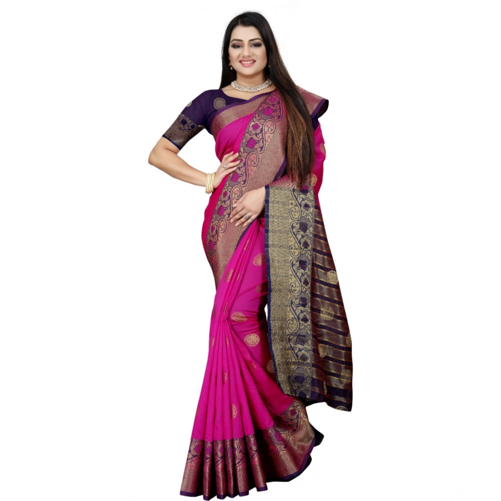 Blue-Pink silk blend woven saree with unstitched blouse, vibrant Indian fashion accessory for women on display
