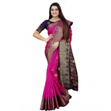 Blue-Pink silk blend woven saree with unstitched blouse, vibrant Indian fashion accessory for women on display
