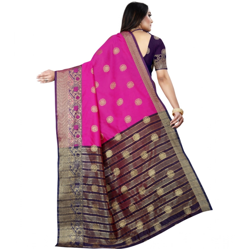 Blue-Pink silk blend woven saree with unstitched blouse, vibrant traditional Indian attire for women on display