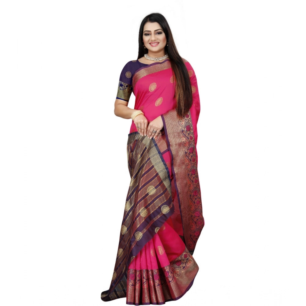 Blue-Pink silk blend woven saree with unstitched blouse, intricate patterns on display