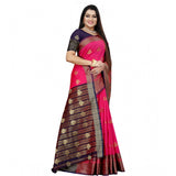 Purple-pink silk blend woven saree with unstitched blouse (5.5mtr), traditional Indian attire on mannequin