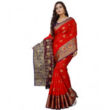 Purple-red silk blend woven saree with unstitched blouse, vibrant Indian fashion accessory