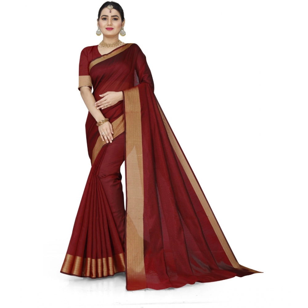 Maroon cotton silk self-design saree with unstitched blouse, intricate patterns for traditional Indian wear