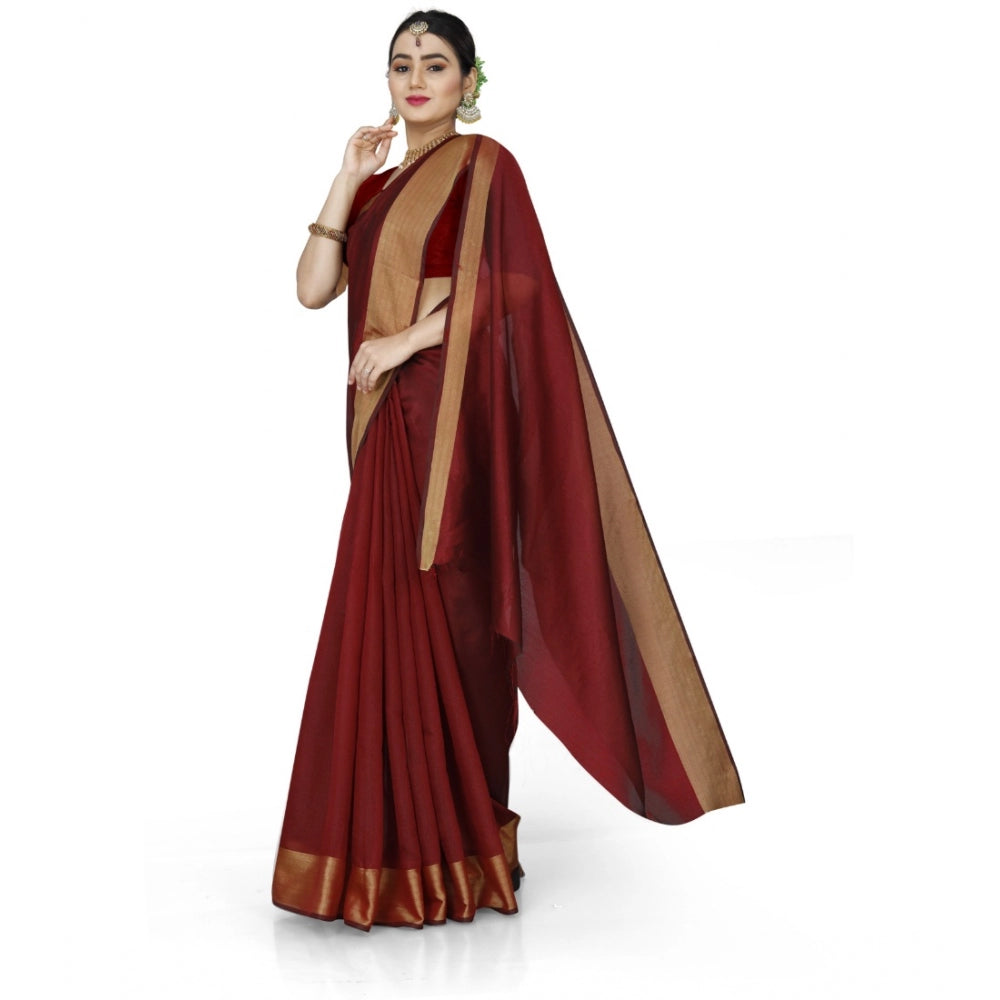 Maroon cotton silk self-design saree with unstitched blouse, vibrant traditional Indian attire on mannequin
