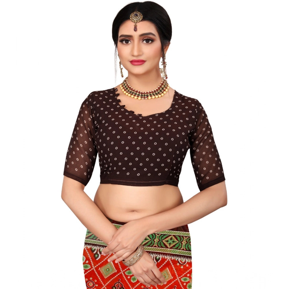 Orange georgette floral print saree with unstitched blouse, vibrant flowers on 5.5mtr fabric