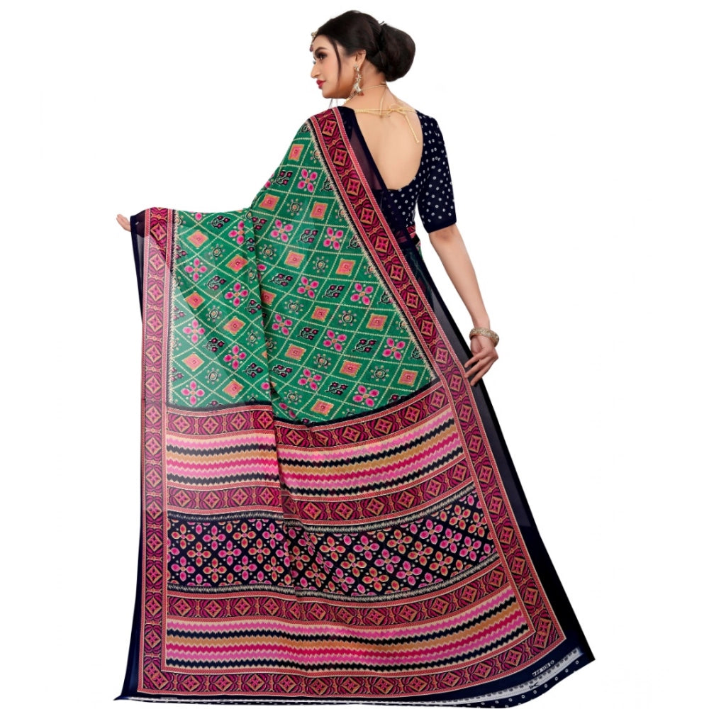 Green Georgette floral print saree with unstitched blouse, vibrant floral design on display