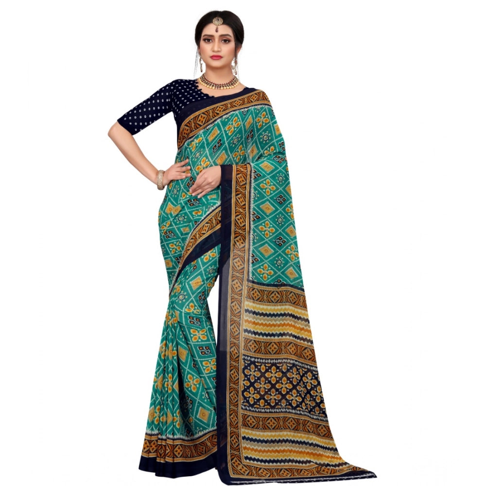 Dark green georgette floral print saree with unstitched blouse, vibrant floral pattern