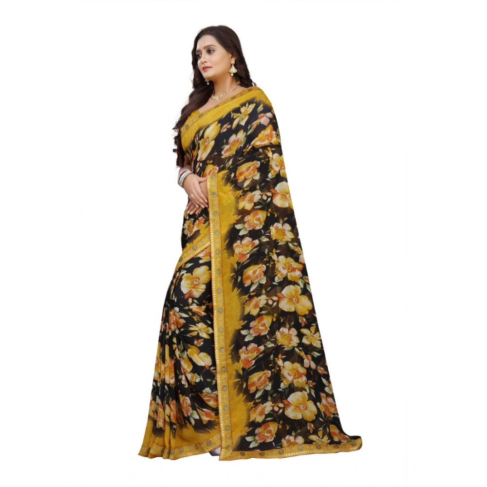 Black-mustard Georgette floral print saree with unstitched blouse, vivid floral patterns on Indian fashion wear