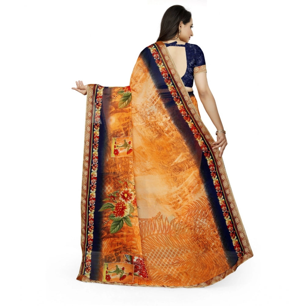 Blue-Orange Georgette floral print saree with unstitched blouse, vibrant Indian women's fashion accessory on display
