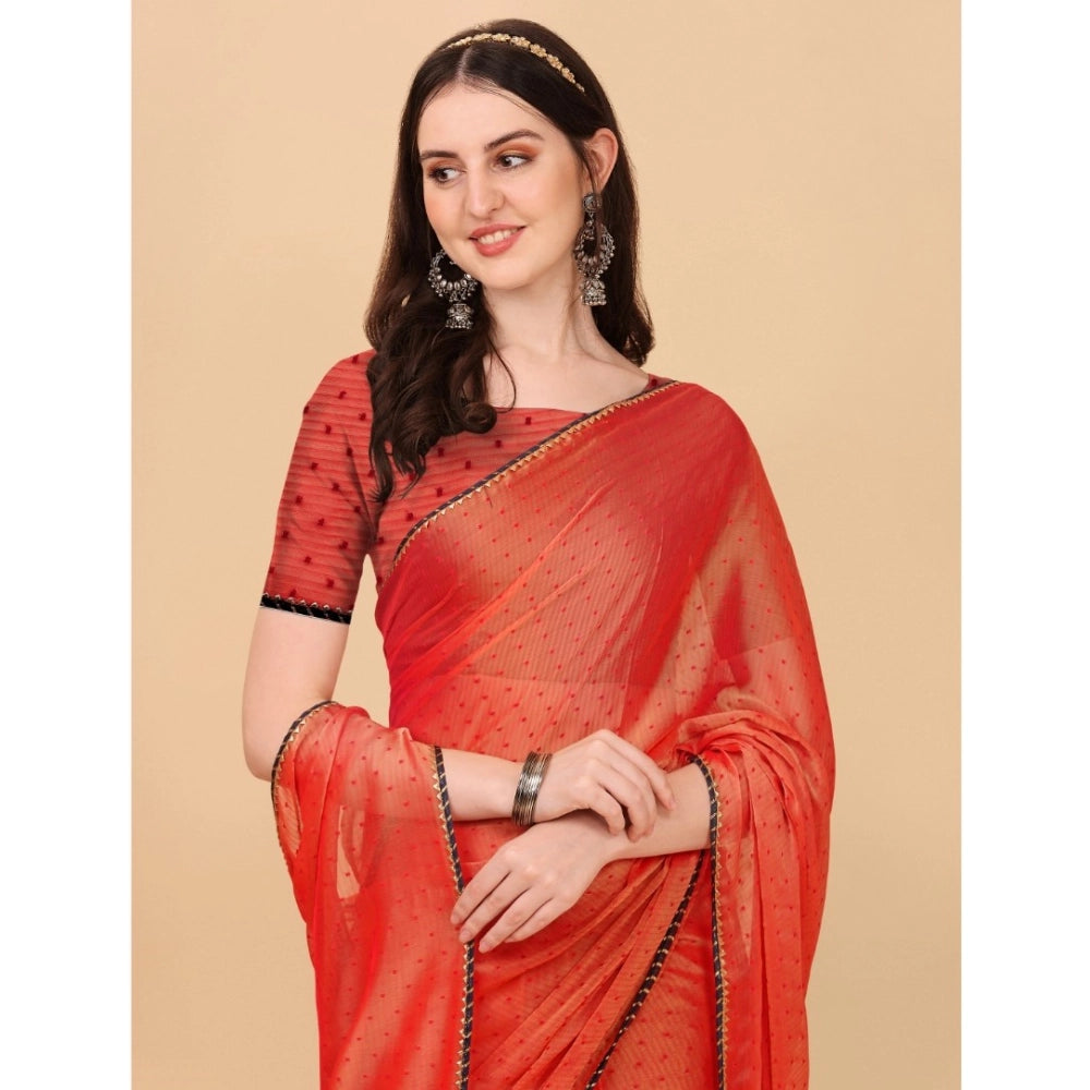 Red silk blend embellished saree with unstitched blouse, intricate embroidery details on a vibrant 5.5mtr length