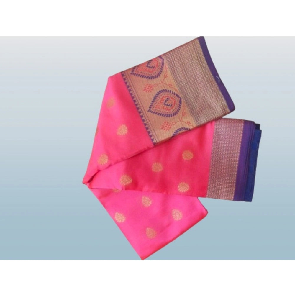 Pink silk blend woven saree with unstitched blouse, 5.5mtr length on display hanger