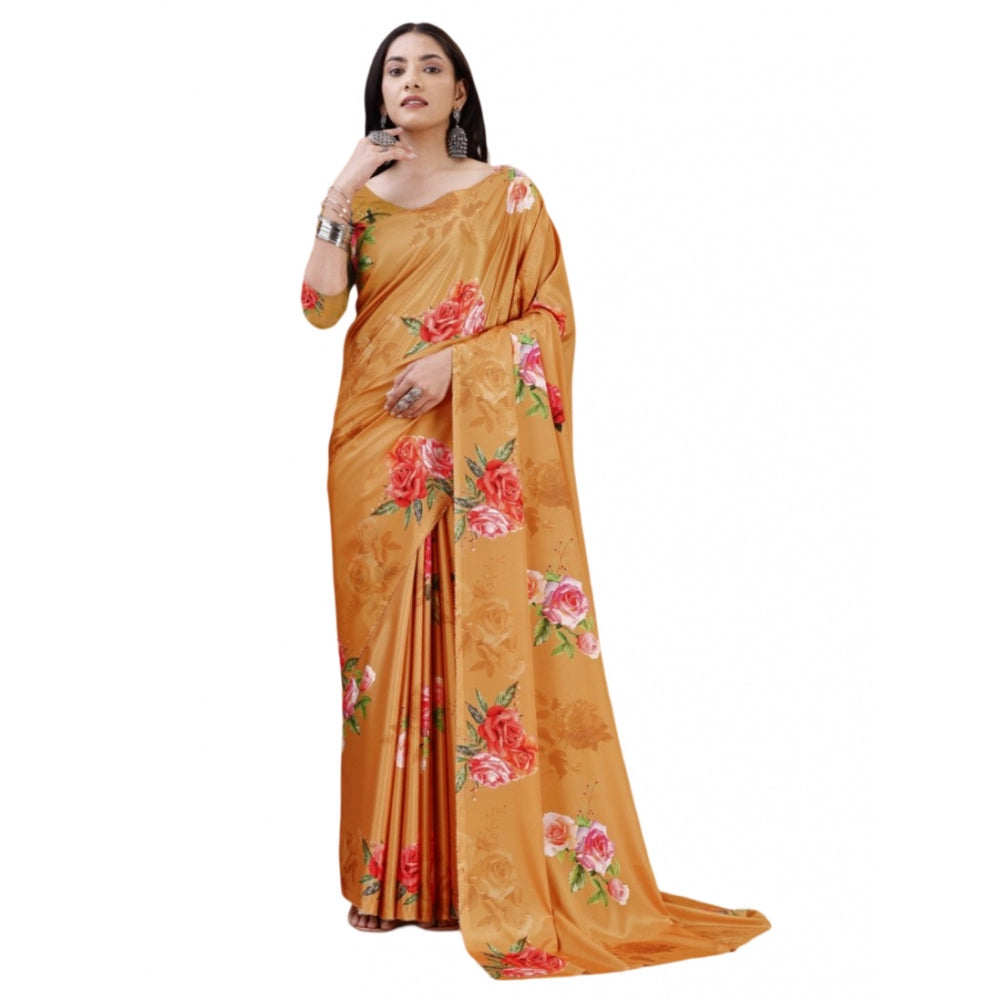 Mustard crepe digital print saree with unstitched blouse, vibrant Indian traditional wear displayed on mannequin