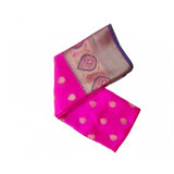 Pink silk blend woven saree with unstitched blouse, vibrant pink traditional Indian attire for women on mannequin