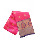 Pink silk blend woven saree with unstitched blouse, vibrant hue on display