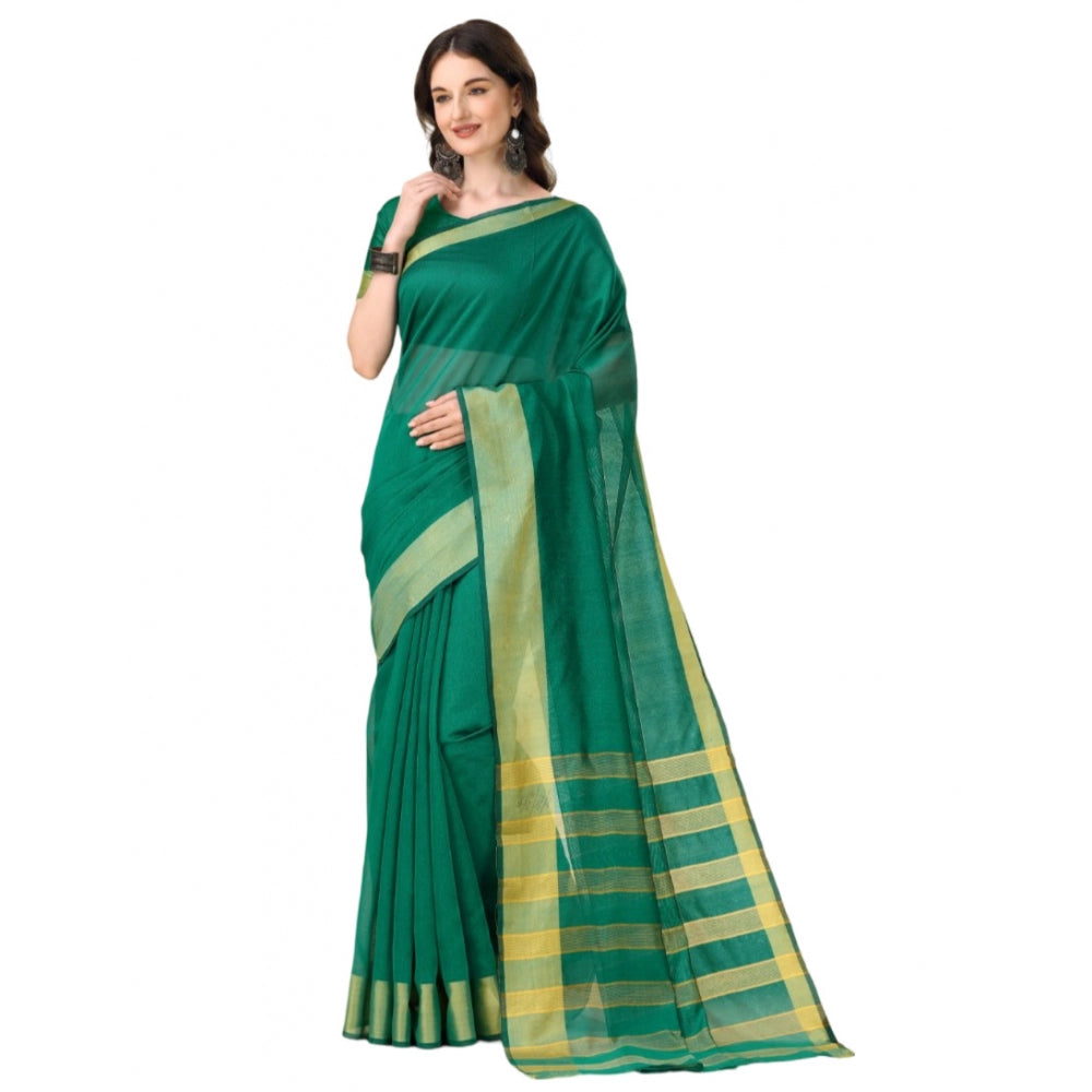 Light green cotton silk striped saree with unstitched blouse (5.5Mtr) - traditional Indian wear for women