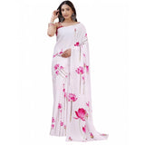 White crepe digital print saree with unstitched blouse, vibrant pattern detail on display
