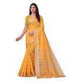 Yellow silk blend woven saree with unstitched blouse, vibrant yellow silk fabric for traditional Indian wear
