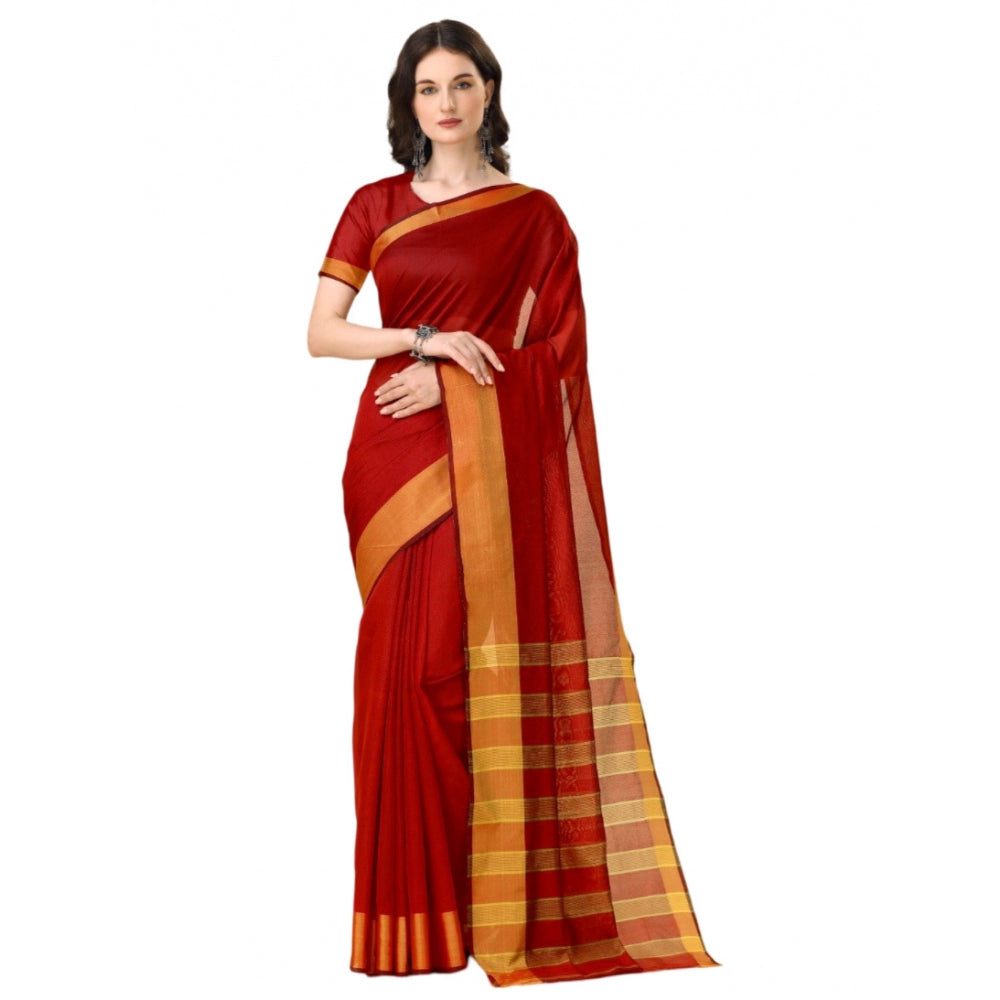 Red striped cotton silk saree with unstitched blouse, 5.5mtr length on mannequin