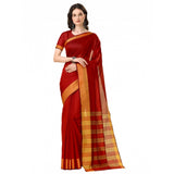 Red striped cotton silk saree with unstitched blouse, 5.5mtr length on mannequin