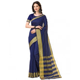 Women's Cotton Silk Striped Saree With Unstitched Blouse 5.5Mtr (Dark Blue)