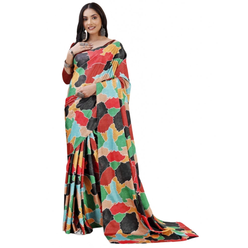 Red crepe digital print saree with unstitched blouse, vibrant pattern for women's fashion