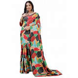 Red crepe digital print saree with unstitched blouse, vibrant pattern for women's fashion