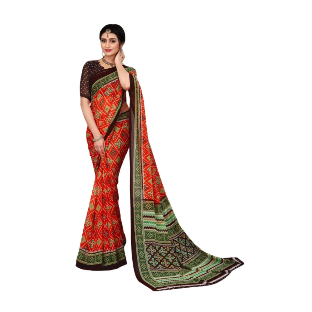 Red georgette floral print saree with unstitched blouse, 5.5mtr length