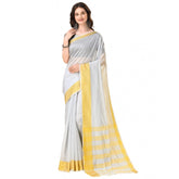 Women's Cotton Silk Striped Saree With Unstitched Blouse 5.5Mtr (Silver)