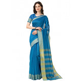 Light blue cotton silk striped saree with unstitched blouse, ideal for traditional Indian attire
