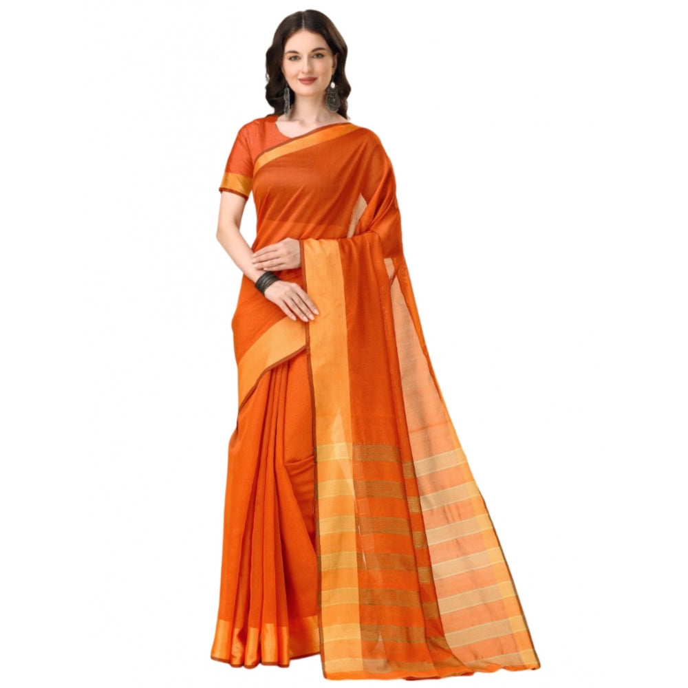 Orange cotton silk striped saree with unstitched blouse, 5.5mtr length on mannequin