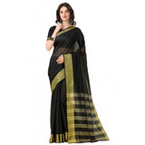 Women's Cotton Silk Striped Saree With Unstitched Blouse 5.5Mtr (Black)