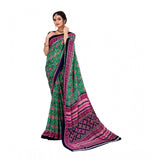 Green Georgette floral print saree with unstitched blouse, vibrant flower patterns on 5.5m fabric