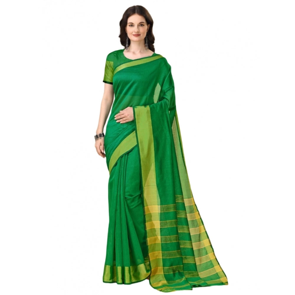 Green cotton silk striped saree with unstitched blouse, 5.5mtr length
