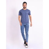 Men's Casual Cotton Printed Round Neck Half Sleeve T-Shirt (Blue)
