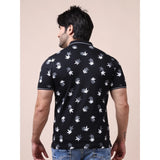Men's Casual Cotton Printed Polo Neck Half Sleeve T-Shirt (Black)