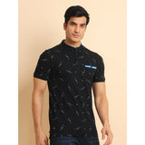Men's Casual Cotton Printed Mandarin Collar Half Sleeve T-Shirt (Navy)