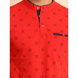 Men's Casual Cotton Printed Mandarin Collar Half Sleeve T-Shirt (Red)