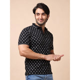 Men's Casual Cotton Printed Polo Neck Half Sleeve T-Shirt (Black)