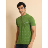 Men's Casual Cotton Printed Mandarin Collar Half Sleeve T-Shirt (Green)