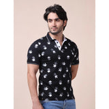 Men's Casual Cotton Printed Polo Neck Half Sleeve T-Shirt (Black)