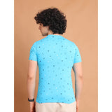 Men's Casual Cotton Printed Round Neck Half Sleeve T-Shirt (Skyblue)