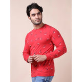 Men's Casual Cotton Printed Round Neck Full Sleeve T-Shirt (Red)