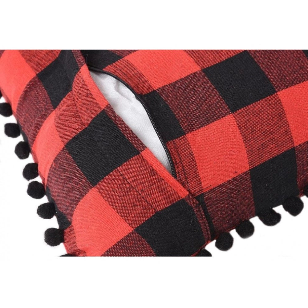 Red & black cotton checkered cushion cover with pom poms (size: 12x20in)