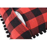 Red & black cotton checkered cushion cover with pom poms (size: 12x20in)