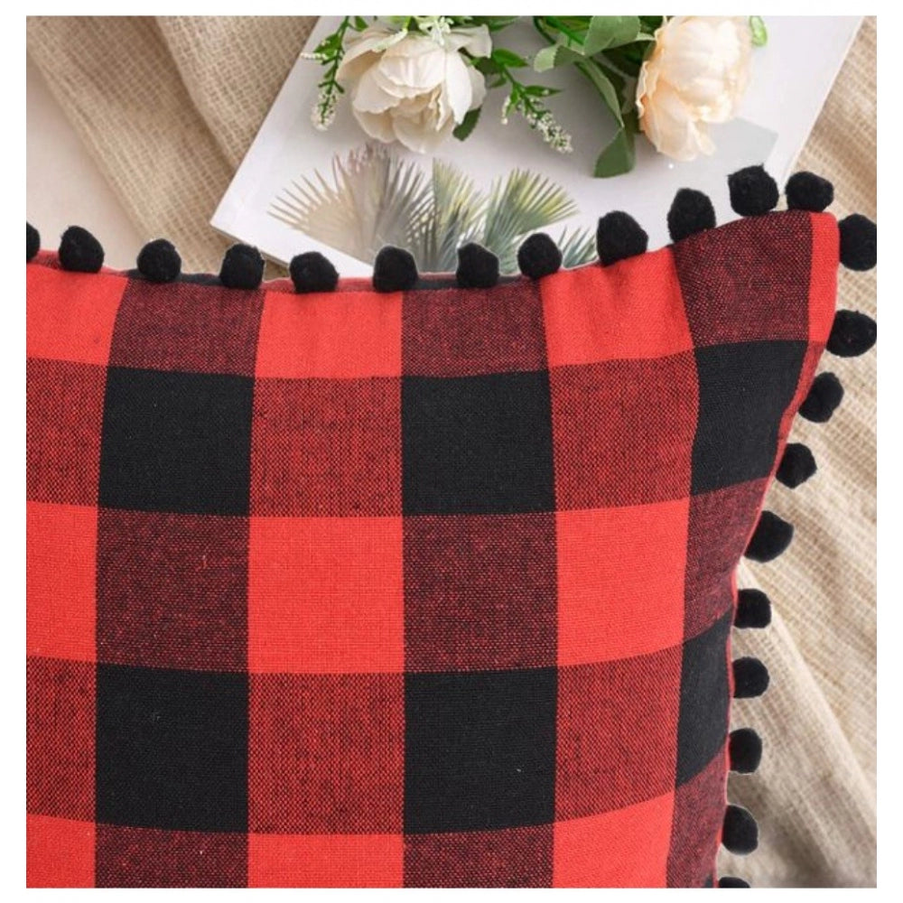 Red and black cotton checkered cushion cover with pom-pom (size: 12x20in)