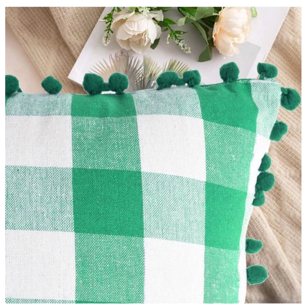 Green cotton checkered cushion cover with pom poms (size 12x20in) - two pack
