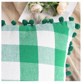 Green cotton checkered cushion cover with pom poms (size 12x20in) - two pack