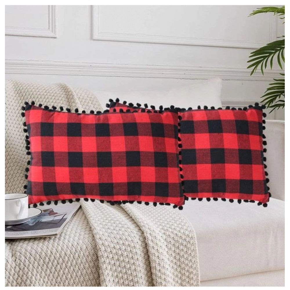 Red and black cotton checkered cushion cover with pom pom (size 12x20in)