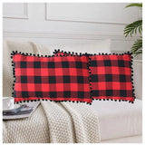 Red and black cotton checkered cushion cover with pom pom (size 12x20in)
