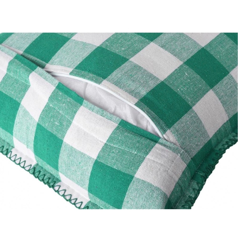 Green cotton checkered cushion cover with blanket stitch (12x20in) - home decor accessory pair